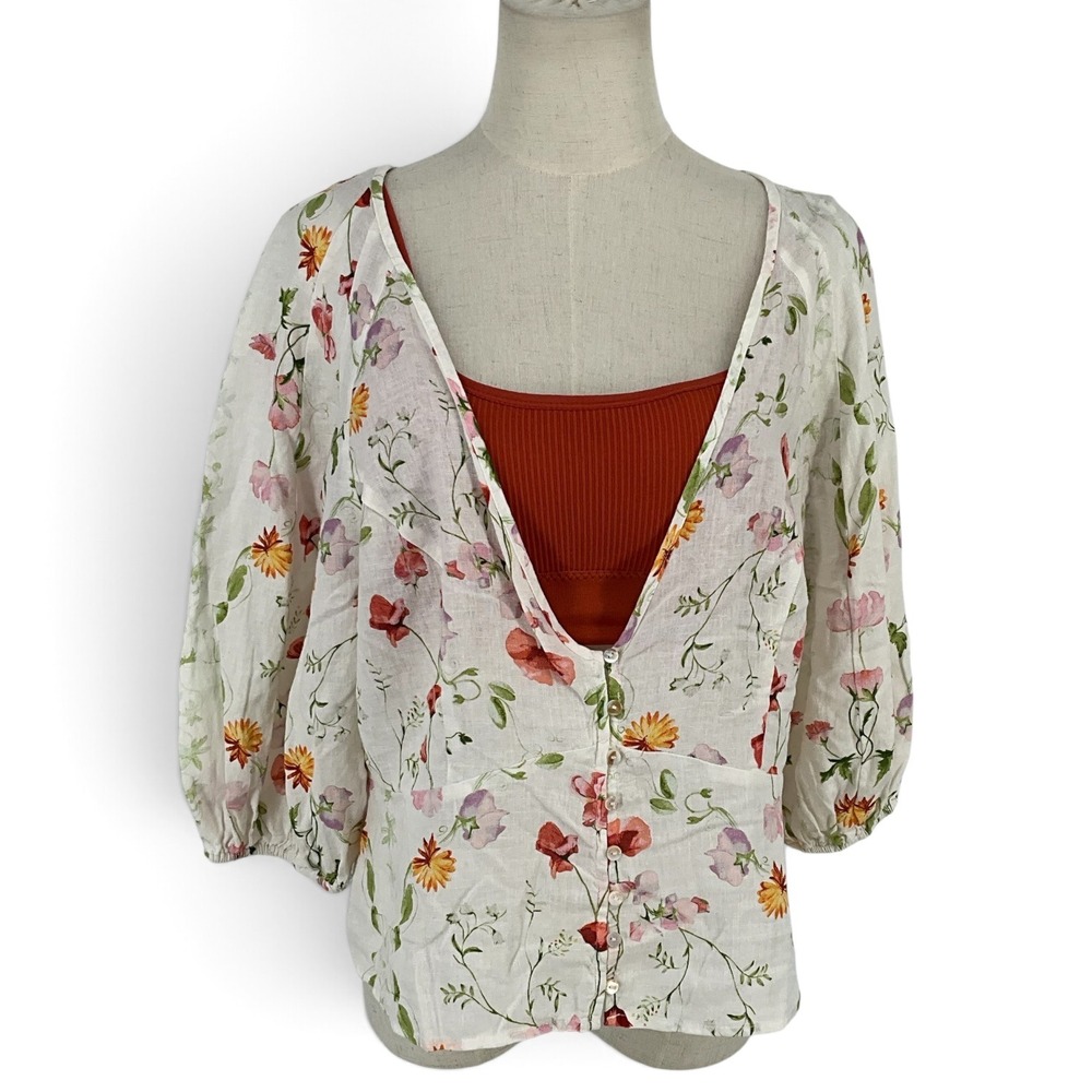 HM Wildflower Floral Linen Blend V-Neck Puff Sleeve Blouse White Red Large